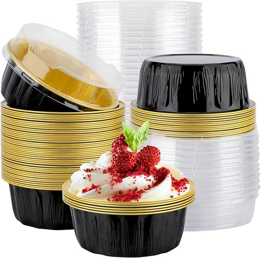 EUSOAR Cake Storage Container, 50pcs 9oz Black Aluminum Baking Cups with Lids, Aluminum Cupcake Liners Bakery Cheesecakes Pie Tart Brownie Round Holders for Wedding Birthday Theme Party