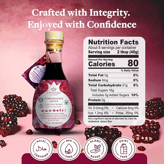 Pomegranate Molasses, 12 OZ(350gram) Glass Bottle (Pack of 6), 100% Natural Pomegranate Concentrate from Heritage Pomegranates, No additives, Non-GMO, Vegan, Gluten Free, Kosher Certified, Preservative Free, Superfood, Gourmet Food Pomegranate Syrup