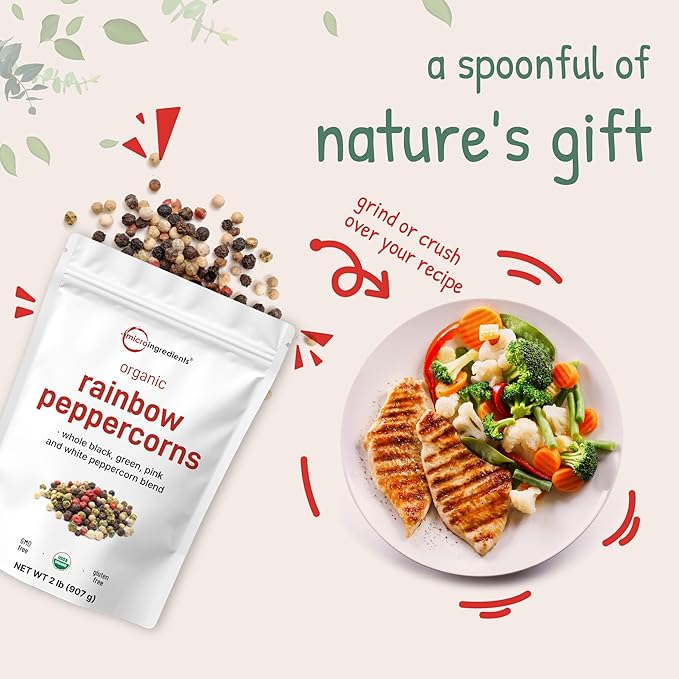 Micro Ingredients Organic Whole Rainbow Peppercorns, 2lbs | Premium Whole Peppercorns for Grinder Refill | Great for Seasonings, Meats & Vegetables | Additive Free, Non-GMO, Bulk Supply