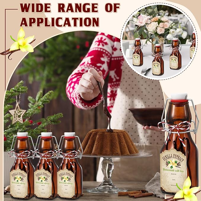 Uiifan 12 Pcs 4 oz Amber Swing Top brown Square Glass Bottles for Vanilla Extract with Caps and Cotton Twines Label Flip Top Glass Bottle for Home Vanilla Brew Oil Beer Tea Supply