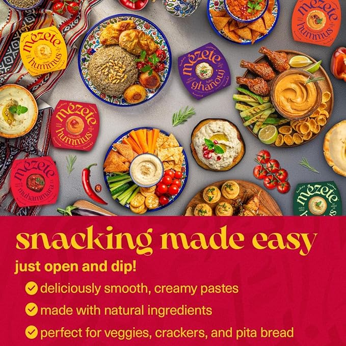Mezete Hummus Variety Pack | Authentic Middle Eastern | Free from Preservatives | All-Natural Dips and Spreads | Ready to Eat Vegan Dips | Shelf-Stable | Requires No Refrigeration | Pack of 6