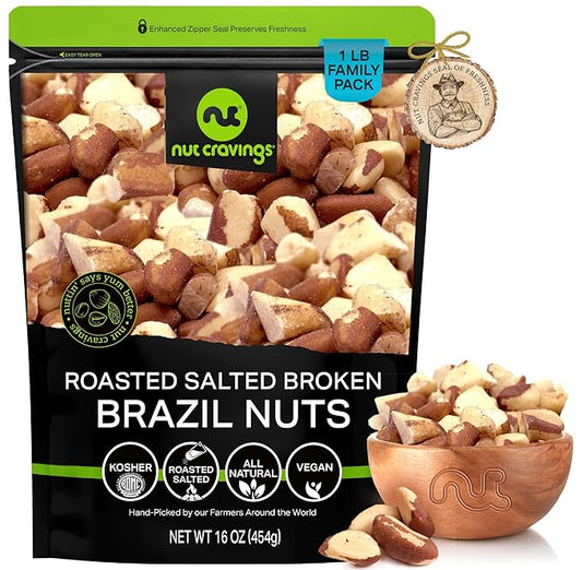 NUT CRAVINGS - Roasted & Salted Broken Brazil Nuts - No Shell, (16oz - 1 LB) Bulk Nuts Packed Fresh in Resealable Bag - Healthy Protein Food Snack, Food Assortments