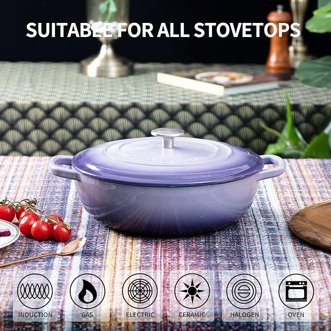 Enameled Cast Iron Dutch Oven Shallow Casserole Braiser with Dual Handle, 3.8 QT, Purple