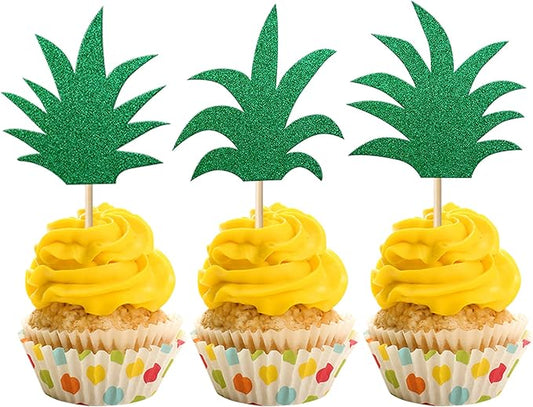 Rsstarxi 30 Pack Pineapple Cupcake Toppers Glitter Hawaiian Luau Cake Decorations Donut Pineapple Leaf Cupcake Picks for Tropical Aloha Baby Shower Kids Birthday Party