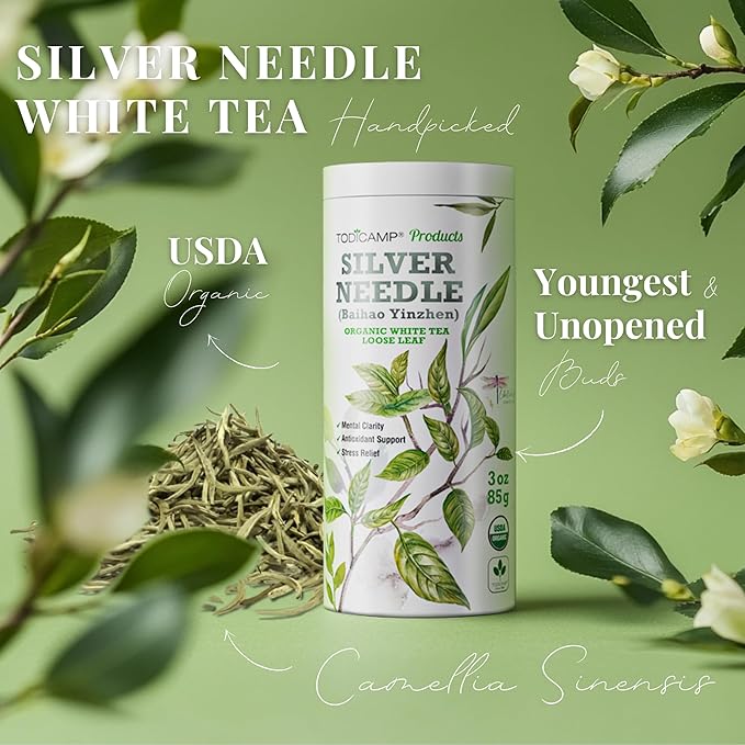 TODICAMP USDA Organic Silver Needle Tea - 3 Oz of Loose Leaf Silver Needle White Tea - Loose Leaf White Tea Leaves