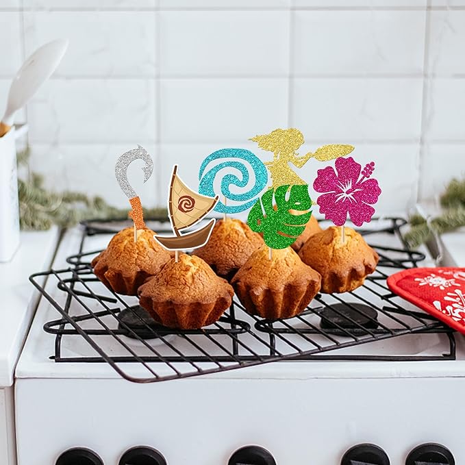 Rsstarxi 24 Pack Moana Cupcake Toppers Moana Birthday Decorations Palm Leaf Flower Cupcake Picks for Baby Shower Tropical Luau Summer Hawaiian Birthday Party Cake Decorations Favor
