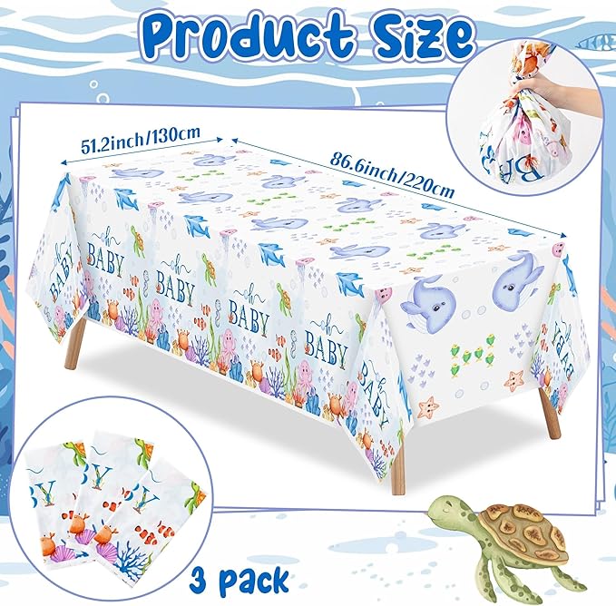 Ocean Party Tablecloths - 3Pcs Watercolor Ocean Animal Birthday Table Covers, Under the Sea Themed Party Decorations Plastic Disposable Rectangular Table Cloth Decor for Kids Birthday Baby Shower