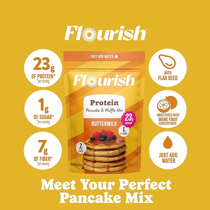 Flourish Protein Pancake & Waffle Mix, with Whey Protein & Flax Seed, No Added Sugar, High in Protein & Fiber - Just Add Water - Buttermilk Flavour, 430g (3 Pack) - Made in Canada