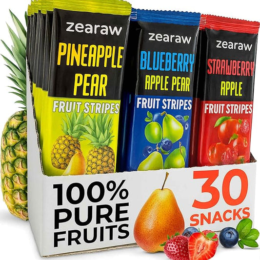 ZEARAW Healthy Fruit Snacks for Adults and Kids ??30 Organic Fruit Leather with Dried Pineapple, Blueberry, Strawberry-Raspberry ??Vegan Low-Carb Variety Pack Strips for Kids ??Sugar Free Bars