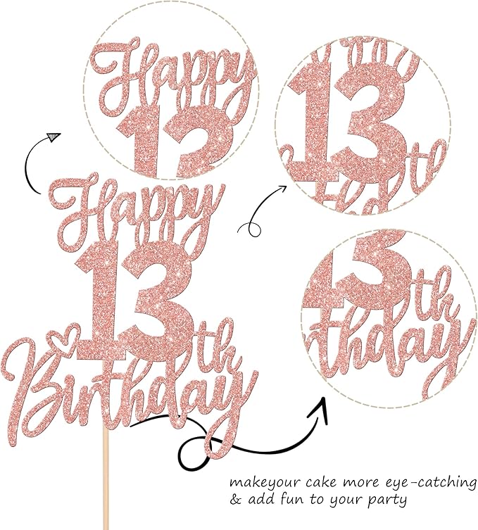 1 PCS Happy 13th Birthday Cake Topper Glitter Cheers to 13 Years Birthday Cake Pick 13 Official Teenager Cake Decoration for Happy 13th Birthday Anniversary Theme Party Decorations Rose Gold