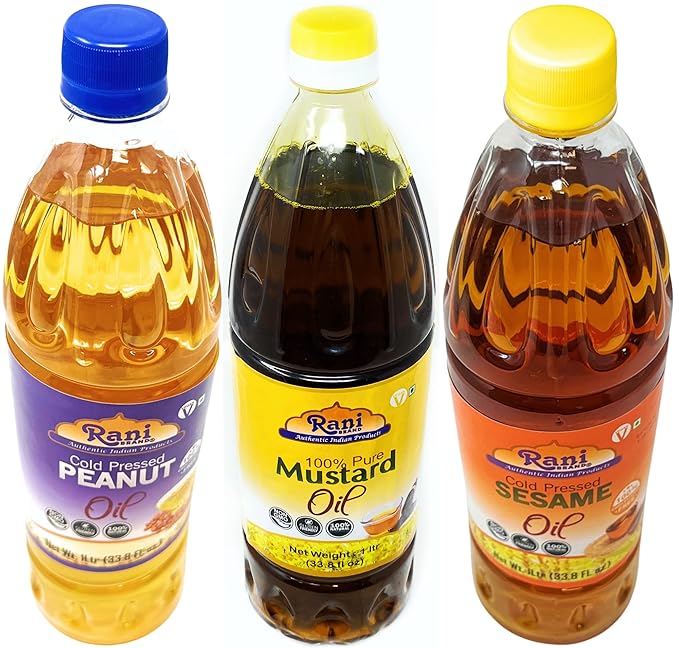 Rani Premium Oils Combo Set of 3 - Peanut Oil, Mustard Oil, Sesame Oil 33.8 Ounce (1 Liter) ~ Cold Pressed | 100% Natural | Kosher | NON-GMO | Vegan | Gluten Free