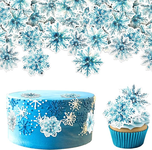 60 PCS Edible Snowflake Cupcake Toppers Snowflakes Cupcake Picks Edible Frozen Birthday Decorations for Winter Wonderland Baby Shower Birthday Christmas Party Cake Decorations Supplies White Blue