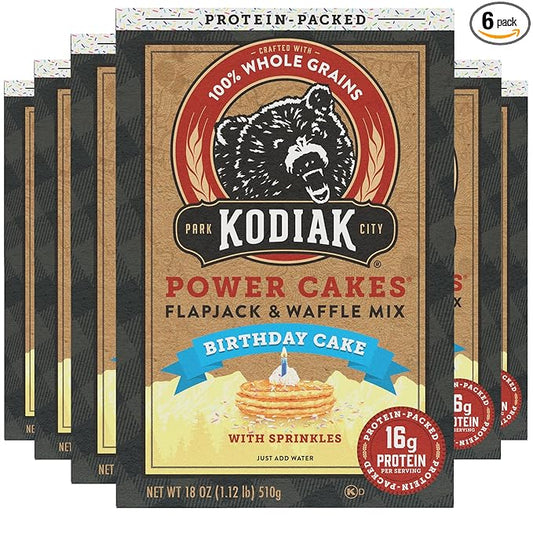 Kodiak Cakes Power Cakes - Protein Pancake Mix & Waffle Mix - 100% Whole Grain- Birthday Cake Flavor (Pack of 6)