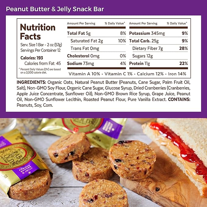 GRAB THE GOLD Snack Bars, Peanut Butter & Jelly (14 Bars - Amazon Exclusive) 11g Plant-Based Protein, Made w/Organic Oats & Cranberries, Whole Food Bars, Gluten Free - Vegan - High Fiber - Dairy Free??,<div>
