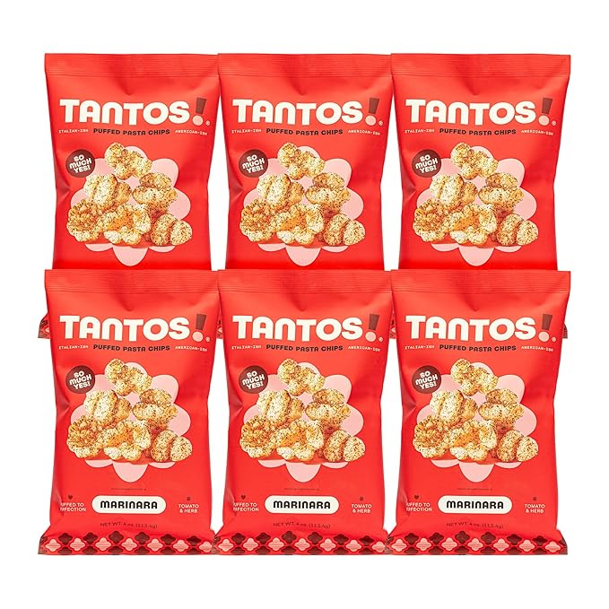 Tantos! Puffed Pasta Chips ??Healthy Pasta Snack by Top Chef Joe Sasto ??Plant-Based, Low Calorie, Crunchy Chips ??Variety Pack ??Marinara, Pesto, Cacio e Pepe, Classico ??Gourmet Bold Flavors (4 oz 6 Pack, Marinara)