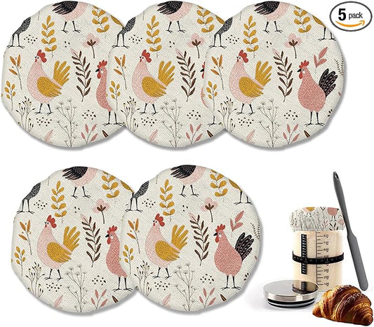 Rooster Floral 5-Pack Cloth Covers for Sourdough Starter Jar, Cloth Covers Reusable Lid Top Sourdough Proofing Bowl Cover Bread Fermentation Baking Supplies for 3-4 Inch Jar Mouth