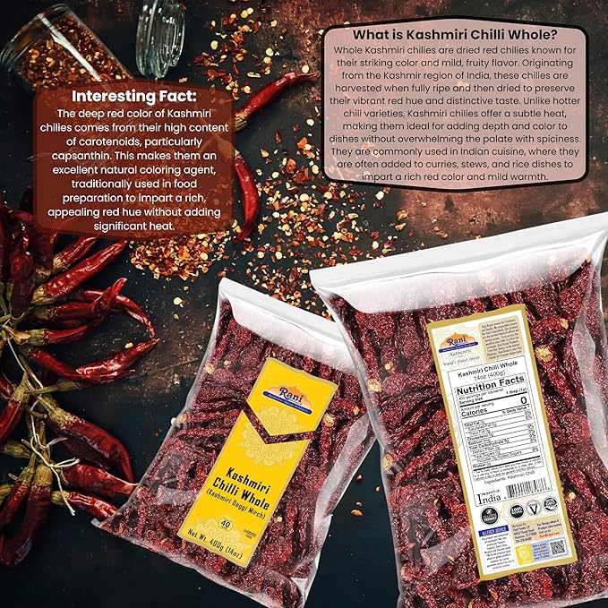 Rani Kashmiri Chilli Whole (Deggi Mirch, Low Heat) 14oz (400g) ~ Natural | Salt-Free | Vegan | No Colors | Gluten Friendly | NON-GMO | Kosher | Indian Origin