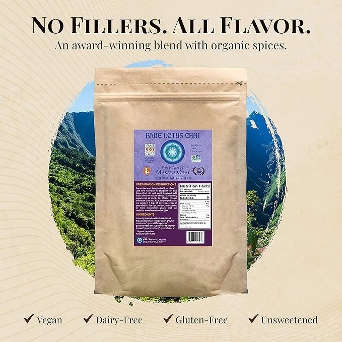 Blue Lotus Chai - Star Anise Masala Chai - Makes 530 Cups - 1 Pound Bulk Bag Masala Spiced Chai Powder with Organic Spices - Instant Indian Tea No Steeping - No Gluten