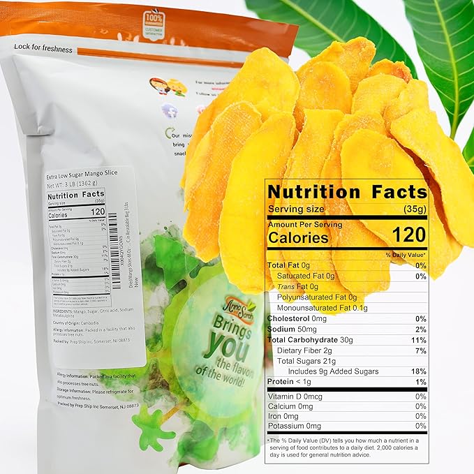 Extra Low Sugar Added Dried Mango Slices 48 Oz - Delicious Texture Soft & Juicy Dried Mango - Naturally Ripened Mango Dried Fruits - Gluten Free - Non GMO - Kosher - Natural Source of Vitamin C, in Resealable Bag 3 Lbs