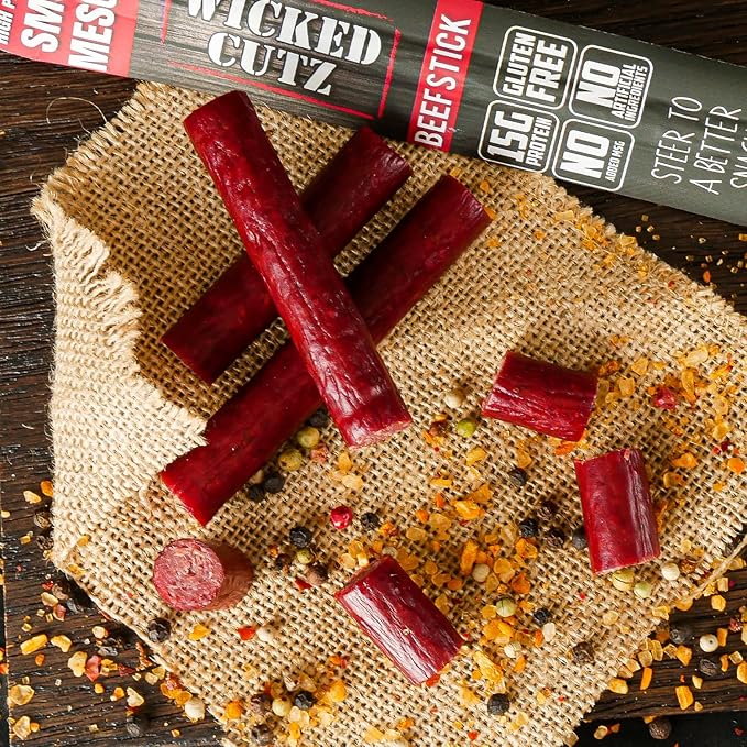 Wicked Cutz Smoked Mesquite Beef Sticks, 15g Protein Per Beef Stick, Tender & Juicy Extra Large Meat Stick, USA Made High Protein Meat Sticks, Carnivore Snacks (12 Pack)