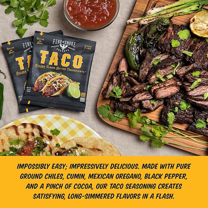 Fire & Smoke Society Taco Seasoning Mix | .85 oz (12-Pack) | Mexican Seasoning for Carnitas, Fajitas, Steak, Beef, Chicken