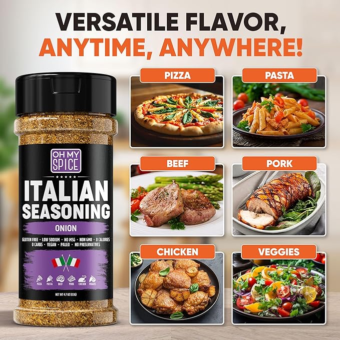 Italian Seasoning Blend Onion Powder Mix - Gluten Free & Low Sodium Pizza Seasoning for Bruschetta & Spaghetti. Mediterranean Sweet Onion Herbs for Italian Food. Sausage & Pizza Toppings Spices. 4.7oz