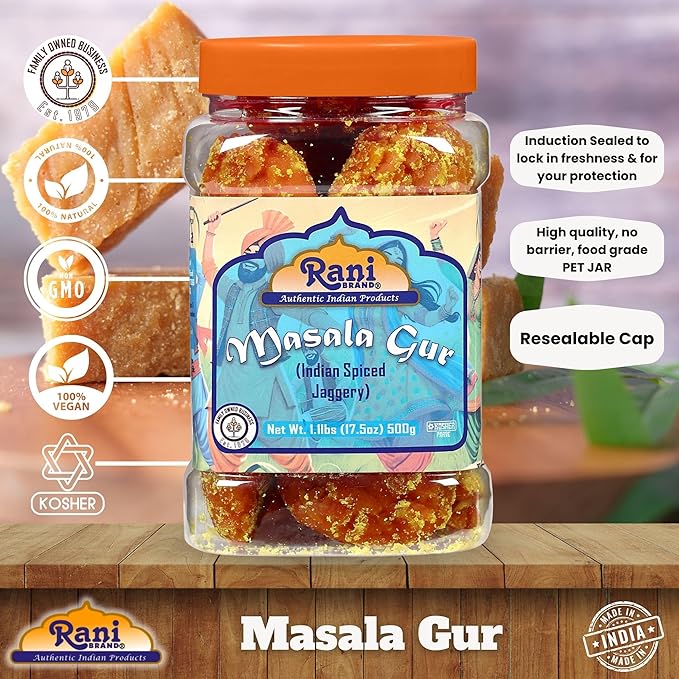 Rani Masala Gur (Jaggery) Indian Unrefined Raw Cane Sugar 17.5oz (1.1lbs) 500g PET Jar ~ Gluten Friendly | Vegan | NON-GMO | Kosher | No Salt or fillers | Indian Product