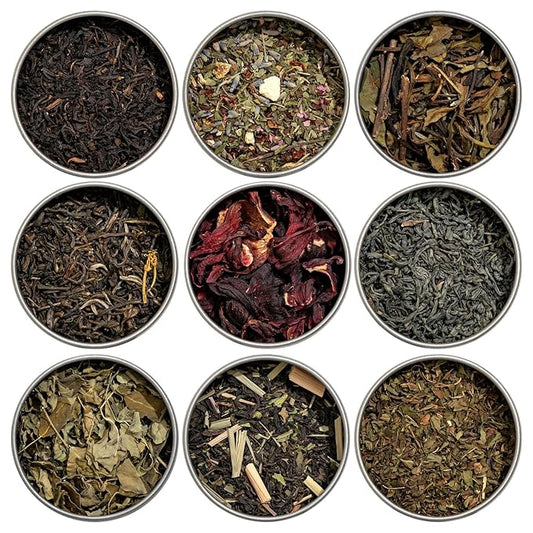 Heavenly Tea Leaves Organic 9 Flavor Variety Pack, Loose Leaf Tea Sampler Gift Set (Approx. 90 Cups) – Assortment of Green, Herbal, Black & White Teas – Hot or Iced, High to No Caffeine, Premium Gift Box
