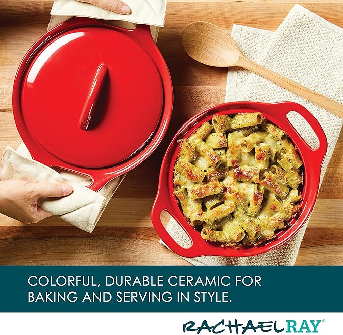 Rachael Ray Solid Glaze Ceramics Casserole Bakers/Baking Dish with Shared Lid Set, 3 Piece, Red
