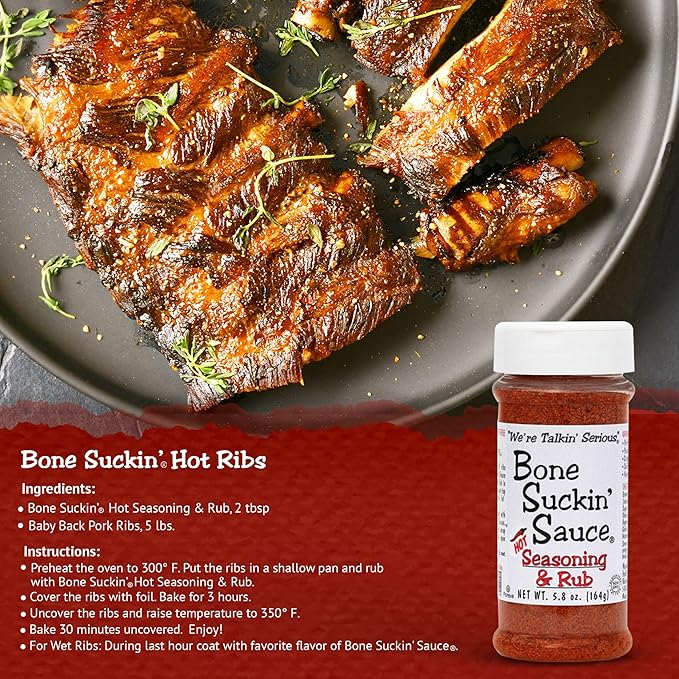 Bone Suckin' Hot Seasoning & Rub, 5.8 Oz - Grilling Rubs, Dry Pork Rub, Gluten-Free, Non-GMO, Kosher, Great on Ribs, Pork, Beef, Chicken, Seafood, Pasta, Vegetables & Even Popcorn! No Msg