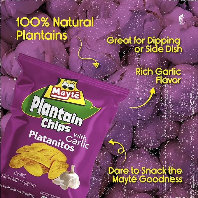 Mayté Garlic Plantain Chips – 30 Individual Packs (3oz Each) – Crunchy, Savory, and Healthy Snacks Made from Real Plantains – Non-GMO, Gluten-Free, Kosher – No Preservatives or Artificial Colors