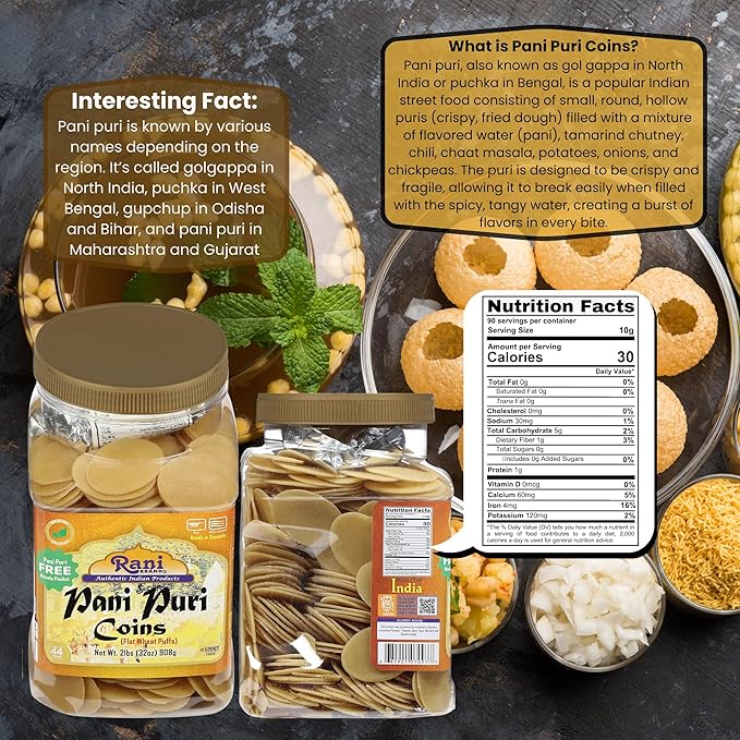 Rani Pani Puri Coins (Uncooked, Microwaveable Wheat Semolina Coins) 32oz (2lbs) 908g w/Pani Puri Masala (14-Spice Blend for Indian Spicy Water) 1.75oz (50g) ~ All Natural | Vegan | NON-GMO | Kosher