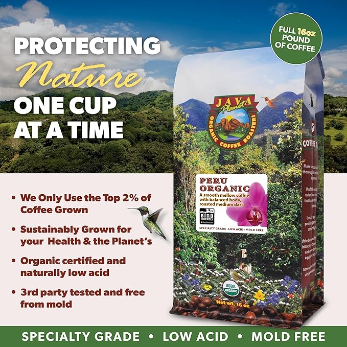 Low Acid Organic Coffee ??Whole Bean, Mold-Free & Stomach Friendly by Java Planet, Peruvian Single Origin Coffee, Medium Dark Roast, Smooth Full Flavored, Smithsonian Bird Friendly, 1LB Bag
