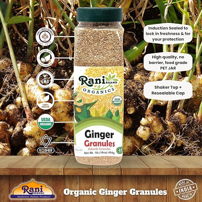 Rani Organic Granulated Ginger (Adarak Granules) 16oz (1lb) 454g PET Jar ~ All Natural | Gluten Friendly | Vegan | NON-GMO | Kosher | No Salt or fillers | Indian Origin | USDA Certified Organic