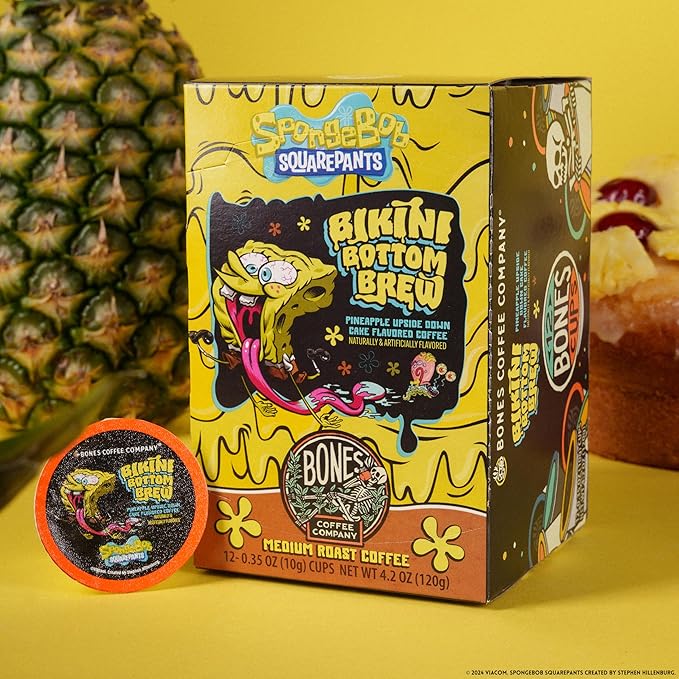 Bones Coffee Company Spongebob Bikini Bottom Brew, Pineapple Upside Down Cake Flavored Coffee Pods, Low Acid Medium Roast Single-Serve Bones Cups, For 1.0 & 2.0 Capsule Brewers Coffee Maker, 12 Count
