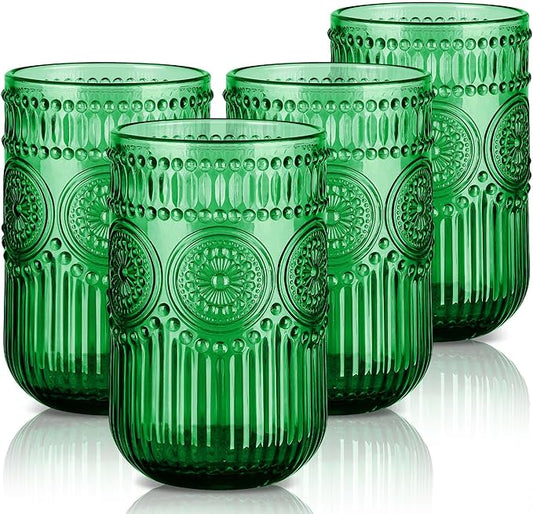 Joeyan Vintage Drinking Glasses Set of 4,14 oz Green Embossed Sunflower Beaded Highball Glass Water Tumbler Cups,Colored Romantic Glassware for Beverages Cocktail Juice Wine,Dishwasher Safe