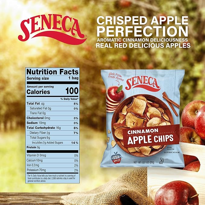 Seneca Cinnamon Apple Chips | Made from Fresh Apples | 100% Red Delicious Apples | Yakima Valley Orchards | Real Cinnamon | Crisped Apple Perfection | Foil Fresh Bag | 0.7 ounce (Pack of 24)
