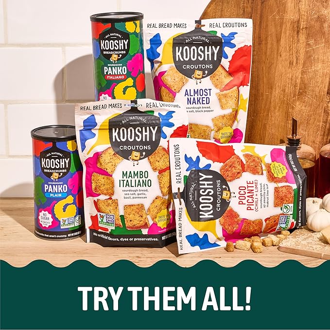 Kooshy Croutons | Vegan & Dairy Free Panko Bread Crumbs | Non GMO Sourdough Breadcrumbs for Cutlets, Vegetables, Meatballs, Meatloaf,Mac and Cheese & More (Variety Pack | 7.5 oz / 2 Pack)