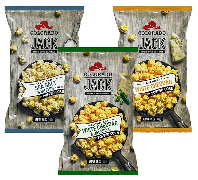 Colorado Jack Gourmet Flavored Popcorn - Colorado Jack Popped Corn in Legendary Flavors (Variety pack of 3 (White Cheddar, Jalapeno, Sea Salt))