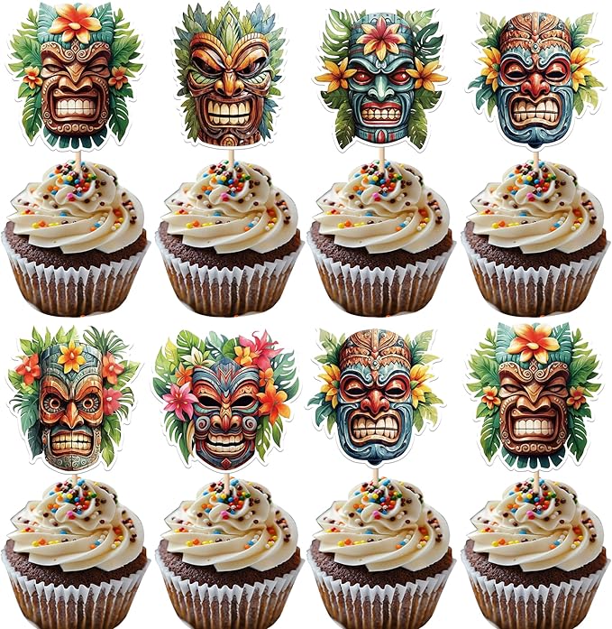 Rsstarxi 36 Pack Hawaii Tiki Cupcake Toppers Tiki Tribal Masks Cupcake Picks Hawaiian Tropical Tiki Totem Themed Party Cake Decorations for Summer Aloha Tropical Birthday Party Supplies