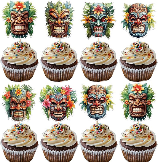 Rsstarxi 36 Pack Hawaii Tiki Cupcake Toppers Tiki Tribal Masks Cupcake Picks Hawaiian Tropical Tiki Totem Themed Party Cake Decorations for Summer Aloha Tropical Birthday Party Supplies