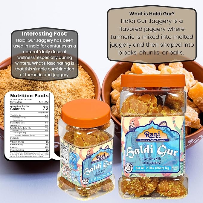Rani Haldi Gur (Turmeric with Indian Jaggery) Indian Unrefined Raw Cane Sugar 35oz (2.2lbs) 1kg PET Jar ~ Gluten Friendly | Vegan | NON-GMO | Kosher | No Salt or fillers | Indian Product