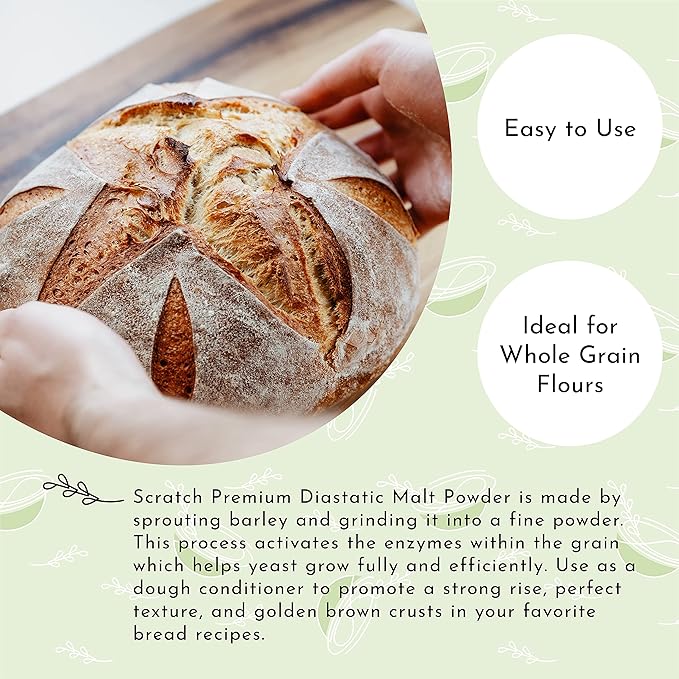 Scratch Diastatic Malt Powder for Baking - (10oz) Dried Barley Malt for Baking Bread - Bread Improver - Premium Baking Ingredients for Breads, Pizzas, Pretzels, Desserts, Shakes and More