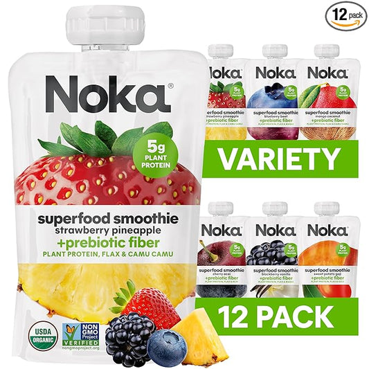 Noka Superfood Fruit Smoothie Pouches Variety Pack, Healthy Snacks with Flax Seed, Plant Protein and Prebiotic Fiber, Vegan and Gluten Free Snacks, Made in USA, Organic Squeeze Pouch, 4.22 oz, 12 Count