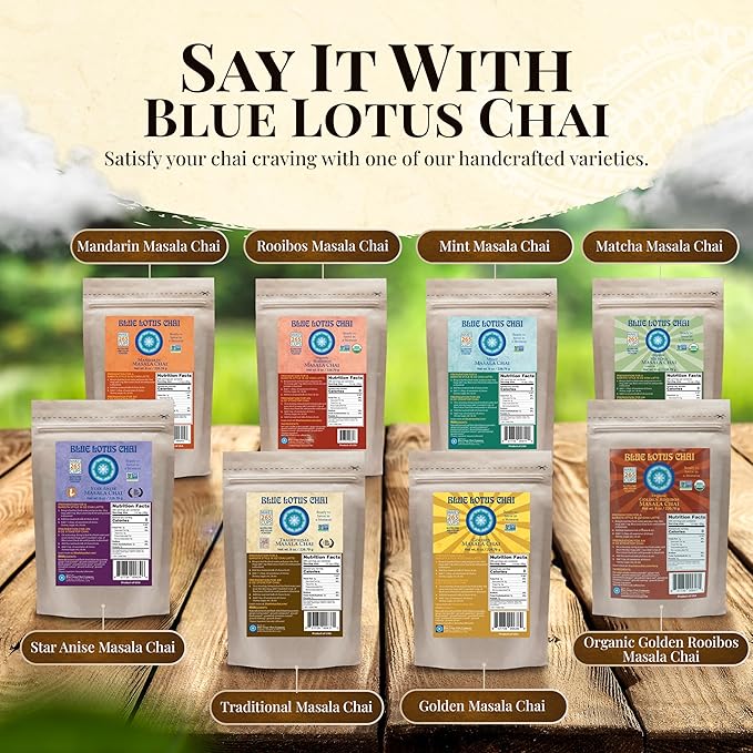 Blue Lotus Chai – Golden Masala Chai with Turmeric and Maca - Makes 265 Cups – Just Add Hot Water, No Steeping, No Gluten - 8 Ounce Masala Chai Powder with Organic Spices – Authentic Indian Tea