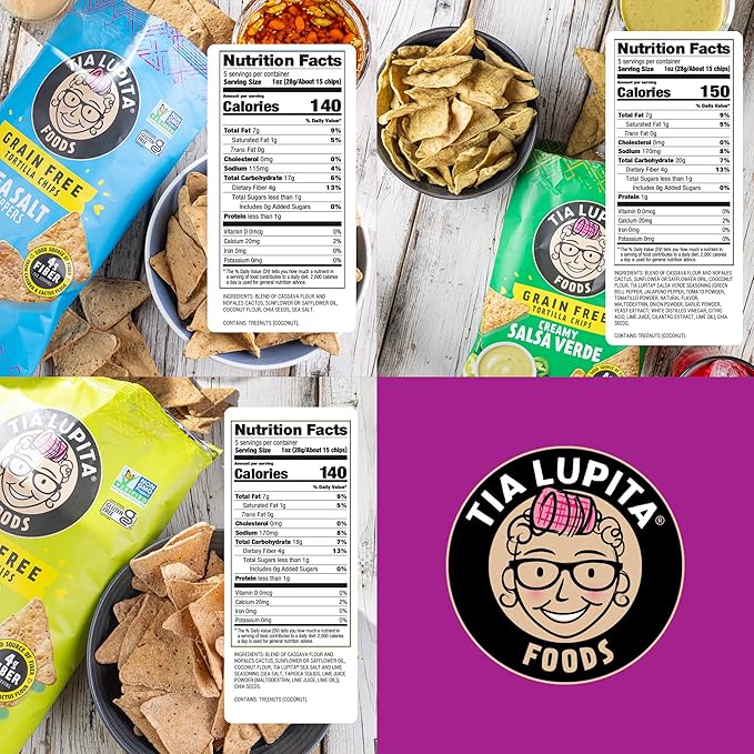 Tia Lupita Cactus Tortilla Chips Variety (Pack of 3) - Vegan, Gluten-Free, Grain-Free, Dairy-Free, Non-GMO, High Fiber, Authentic Mexican Snack Food