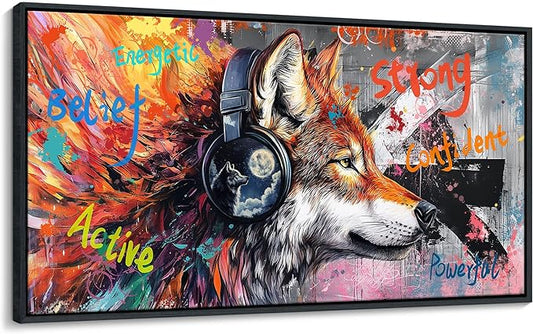 JEAWA Graffiti Canvas Wall Art - Modern Street Pop Art Wolf Funny Graffiti Framed Painting for Living Room Bedroom Bathroom Office Home Pictures Inspiring Decor Gifts for Boys 20x40 IN