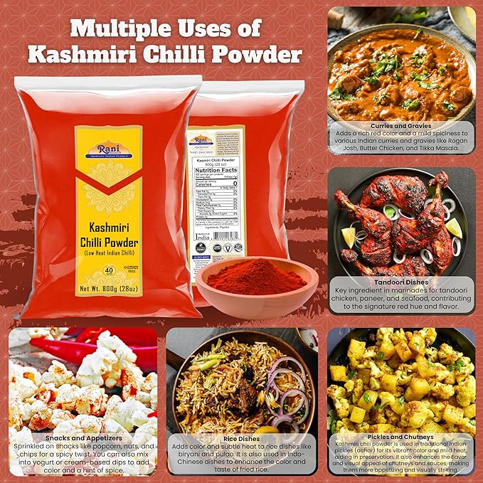 Rani Kashmiri Chilli Powder (Deggi Mirch, Low Heat) Ground Indian Spice 28oz (800g) ~ All Natural, Salt-Free | Vegan | No Colors | Gluten Friendly | NON-GMO | Kosher | Indian Origin