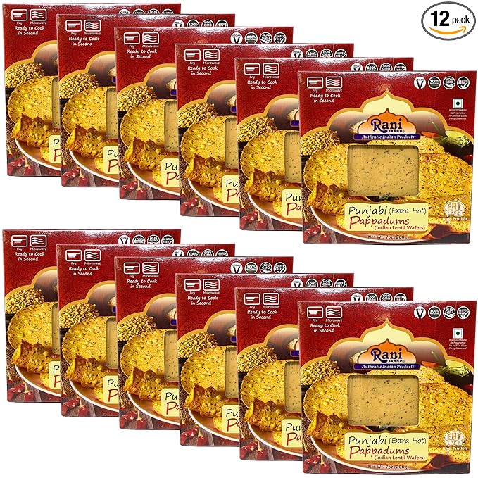 Rani Pappadums (Indian Lentil Wafer Snack) Punjabi Papad - Extra Hot, 7oz (200g) Approximately 15pc, 7 inches, Pack of 12 ~ All Natural | Gluten Friendly | NON-GMO | Vegan | Indian Origin