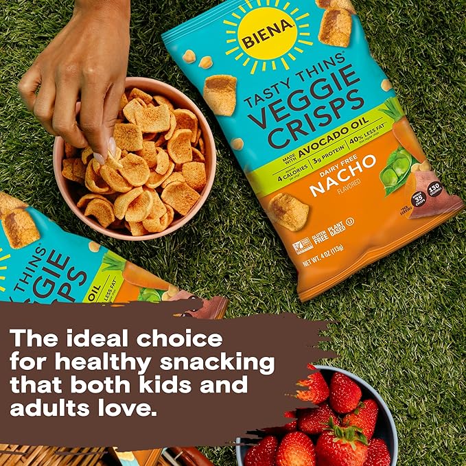 BIENA Tasty Thins Veggie Crisps ??Made with Avocado Oil - Nacho, 4-Pk 4oz Bags ??Chickpeas & Veggies, Vegan, Gluten Free, Dairy-Free, Non-GMO, Allergy-Friendly, Healthy Snacks for Adults & Kids